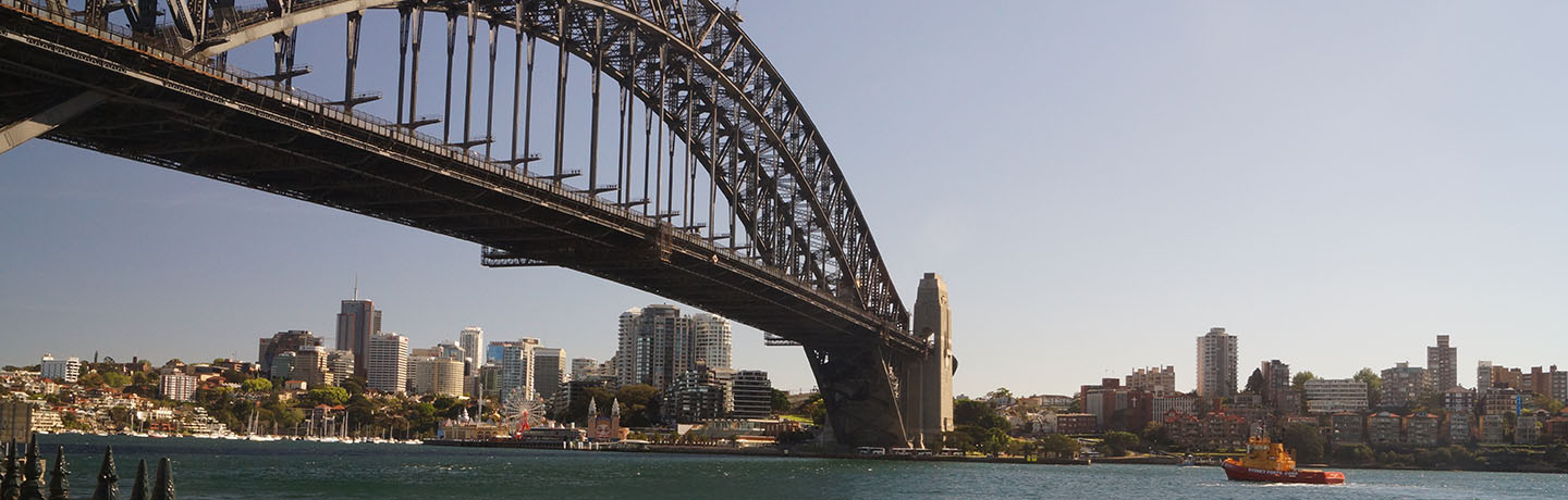 Sydney Harbour bridge and Port Authority vessel about to go under the bridge