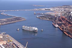 Aerial shot of Port Kembla with ships entering and exiting